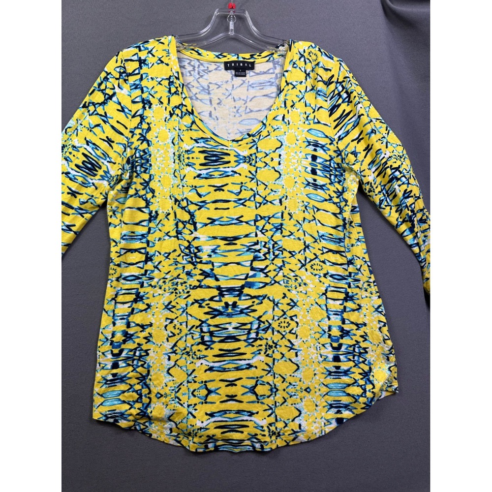 Tribal Women Yellow Blue Geometric Abstract Print Long Sleeve Top size S Small